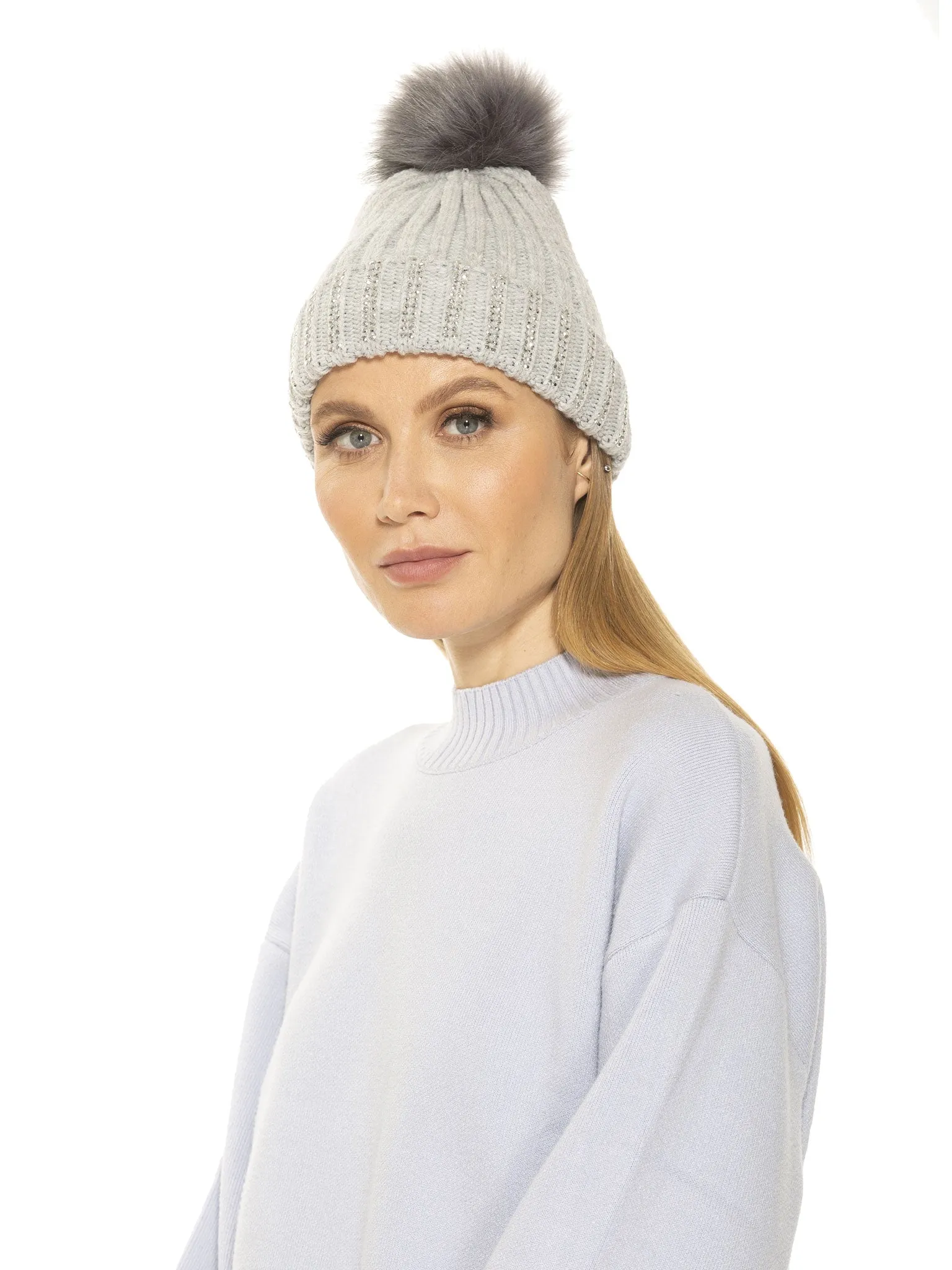 Darla Knitted Beanie With Rhinestones And Pom Pom