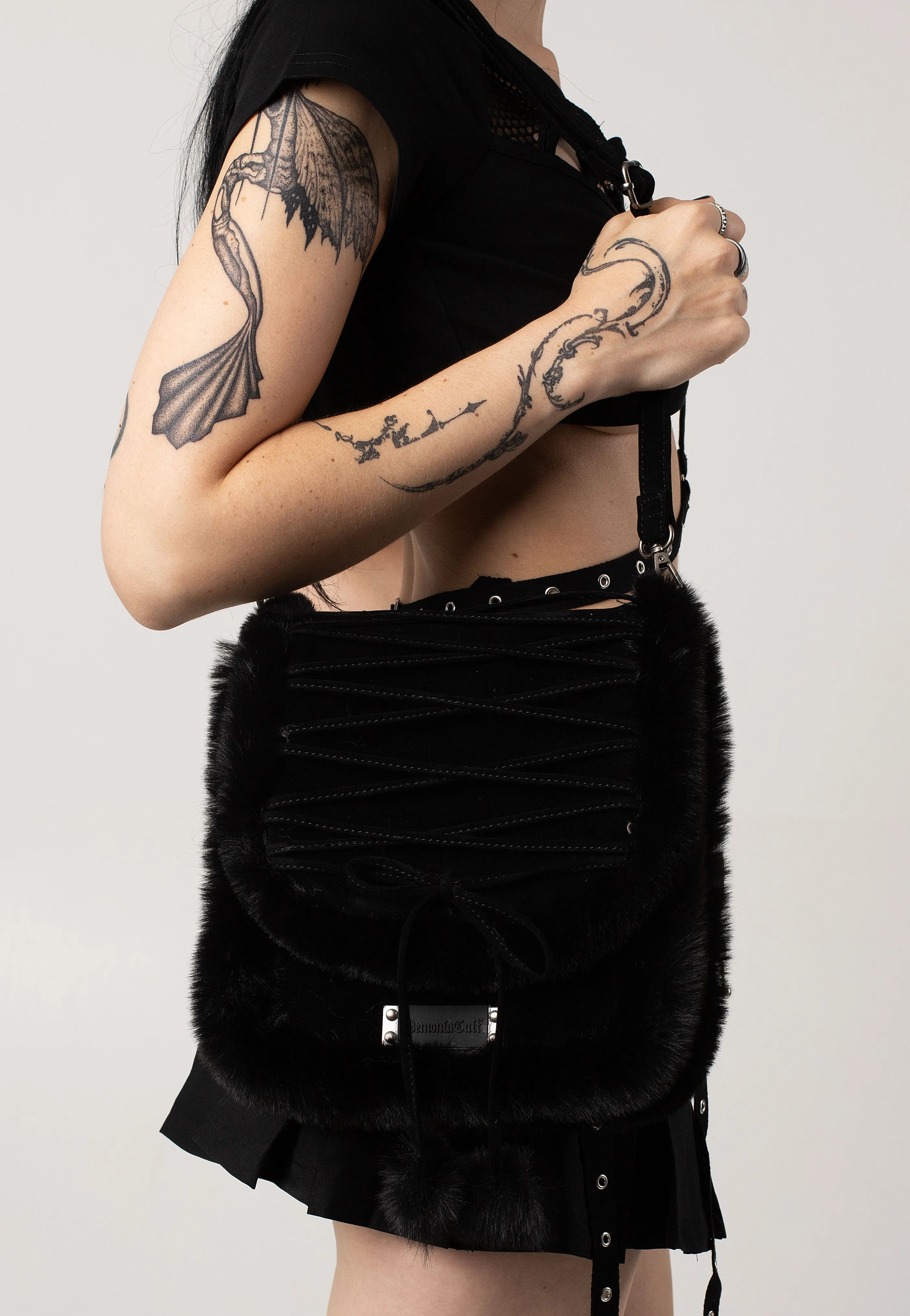 DemoniaCult - Faux Suede And Fur Crossbody Black - Bag