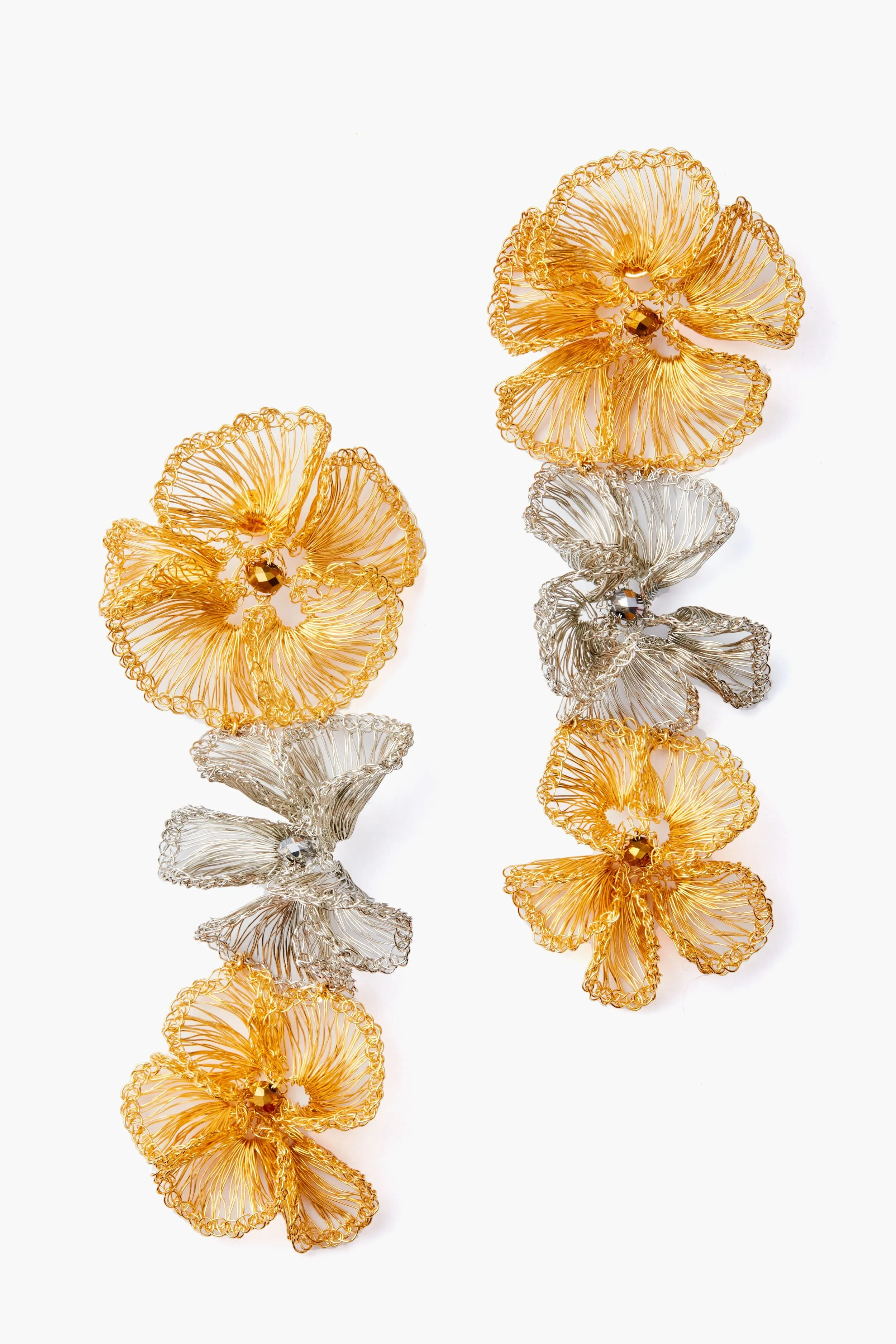 Gold and Silver Floral Triple Drop Earrings