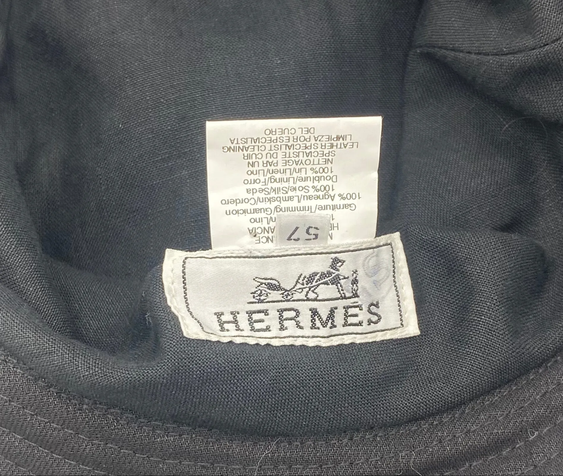 Hermes 2000s Black Linen Bucket Hat with Leather Band