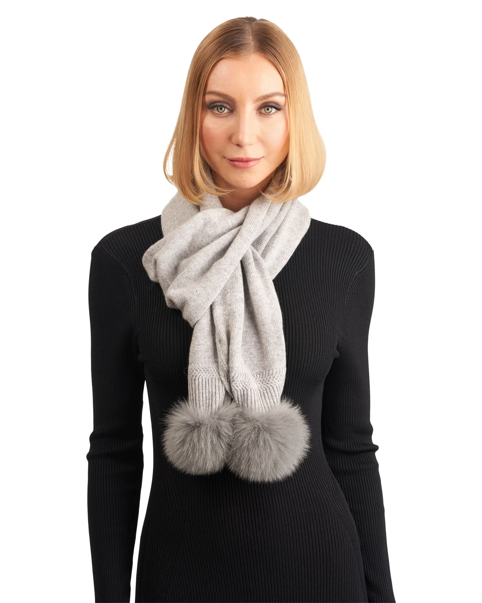 Knit Cashmere Scarf with Fox Pompom