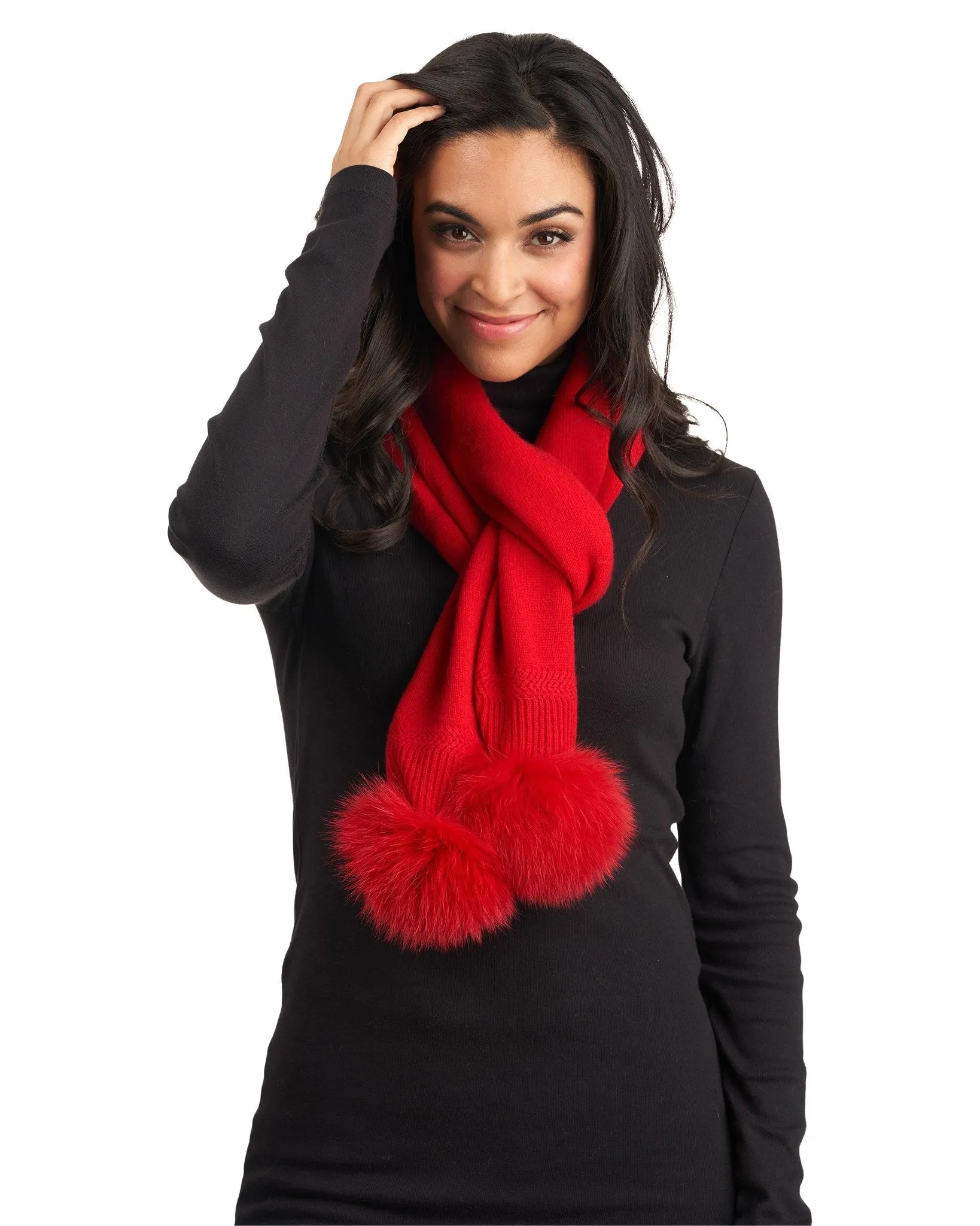 Knit Cashmere Scarf with Fox Pompom
