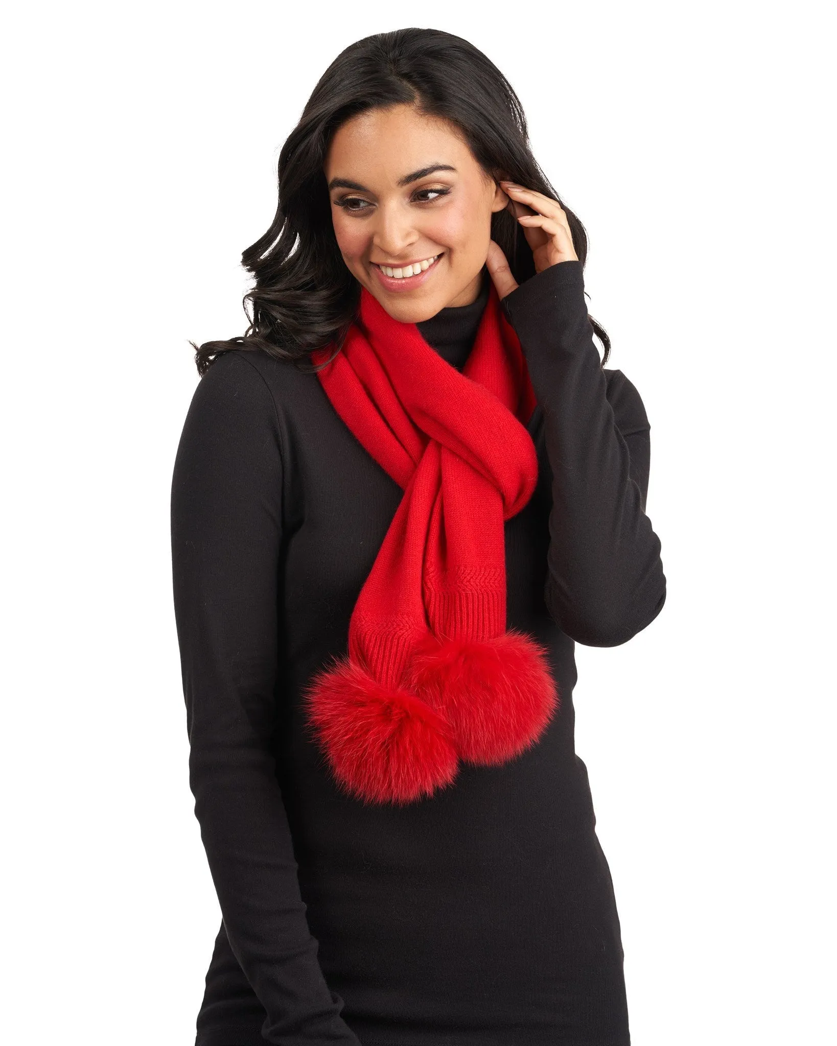 Knit Cashmere Scarf with Fox Pompom
