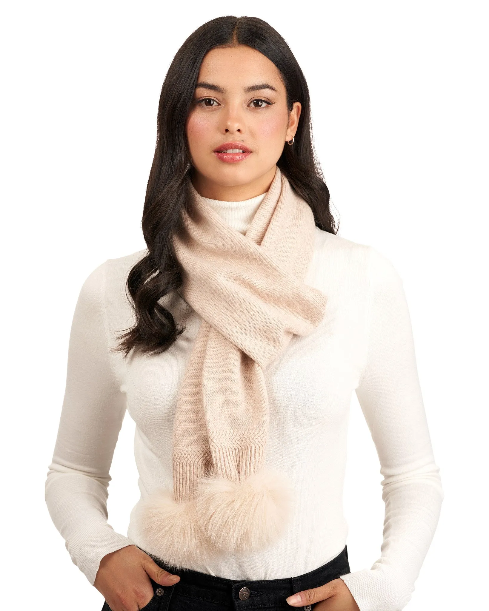 Knit Cashmere Scarf with Fox Pompom