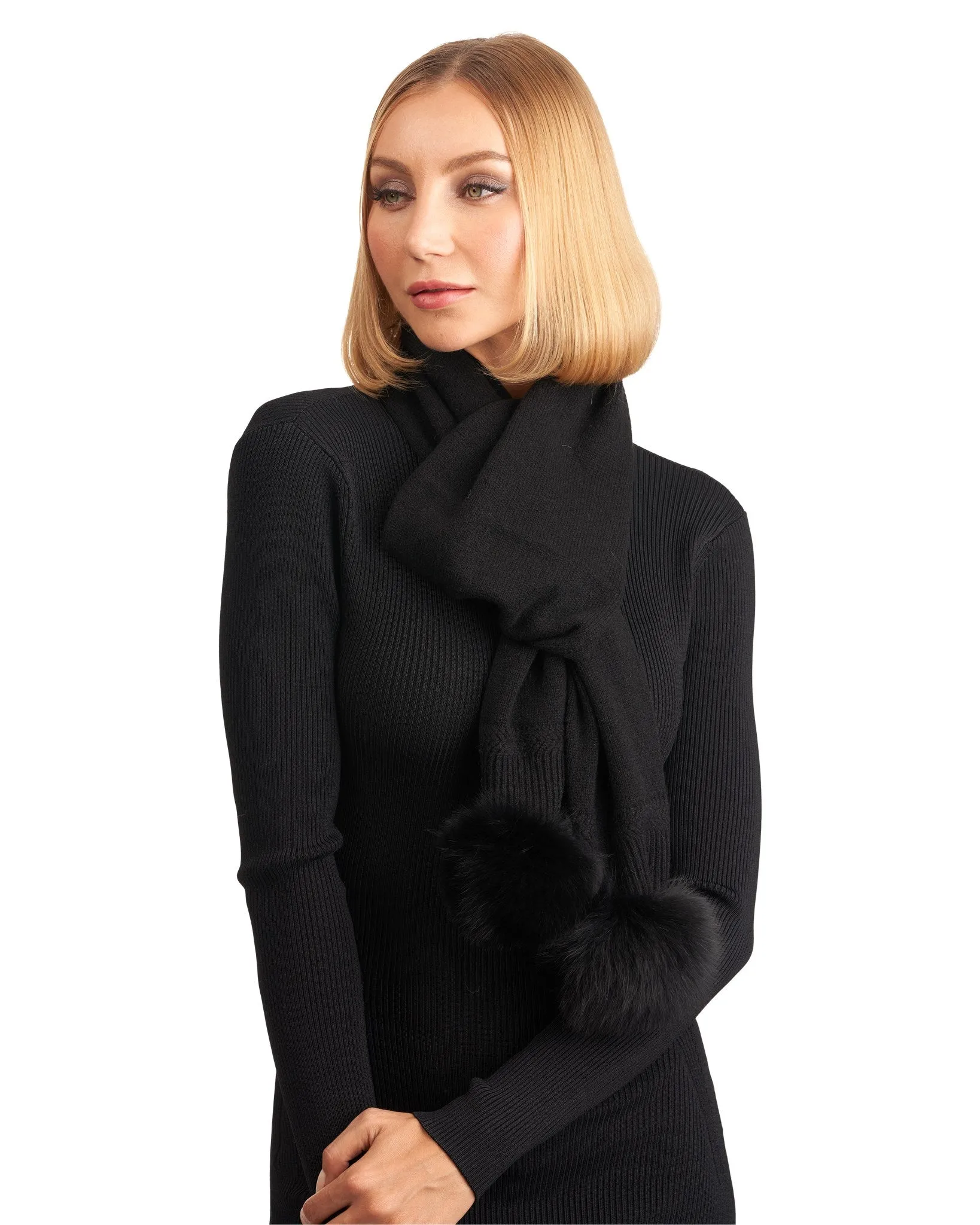 Knit Cashmere Scarf with Fox Pompom
