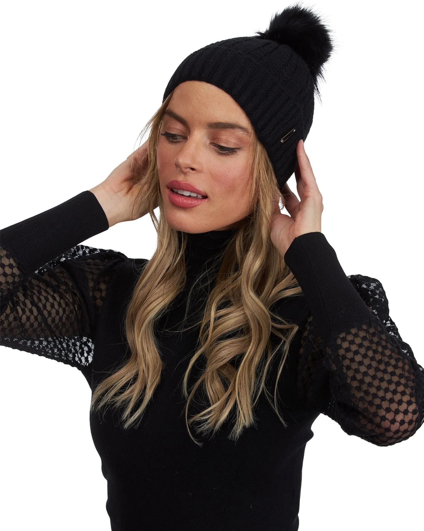 Knit Hat with Silver Fox Pompom