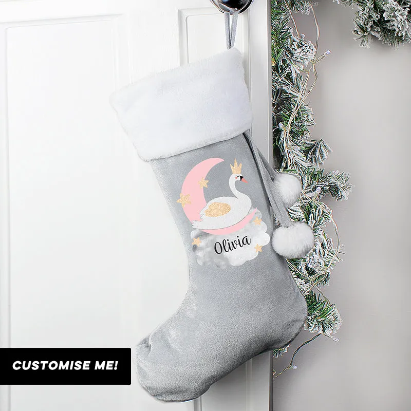 Personalised Swan Lake Luxury Silver Grey Stocking (MRK-iD)