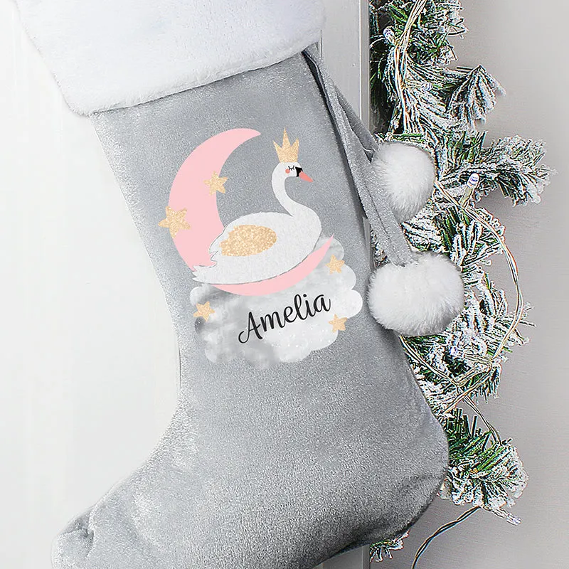 Personalised Swan Lake Luxury Silver Grey Stocking (MRK-iD)