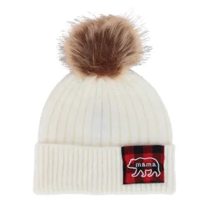 Women's Mama Bear Beanie Hat with Plaid Patch and Pom