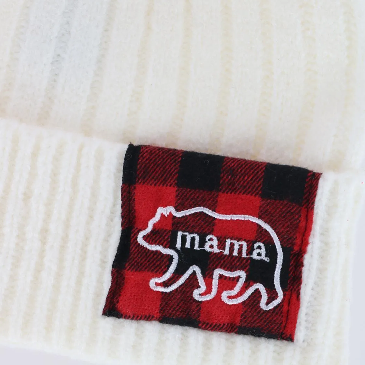 Women's Mama Bear Beanie Hat with Plaid Patch and Pom