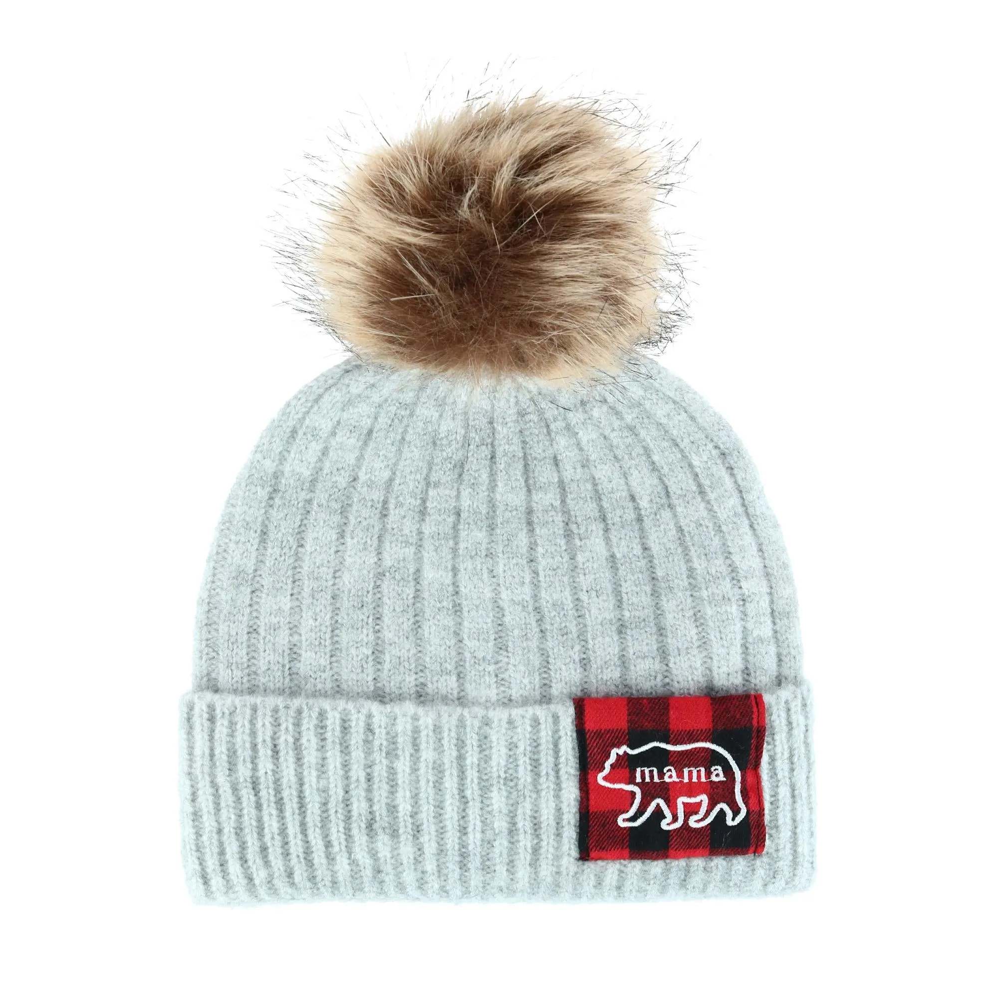 Women's Mama Bear Beanie Hat with Plaid Patch and Pom